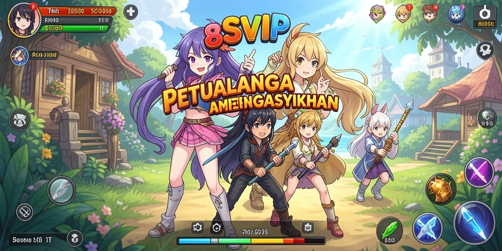 Tangkapan layar dari gameplay 8SVIP dengan karakter anime yang dinamis.
