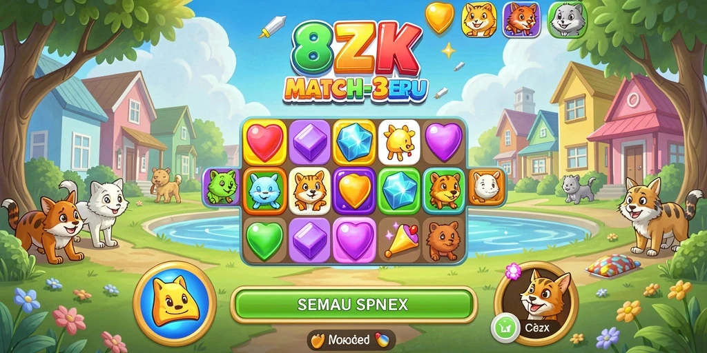 Tampilan gameplay seru di 8ZK dengan permata berwarna-warni.