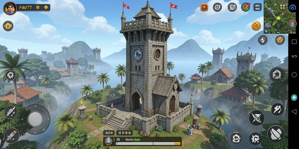 Tampilan gameplay FAV77 dengan menara strategis dan pertarungan seru.