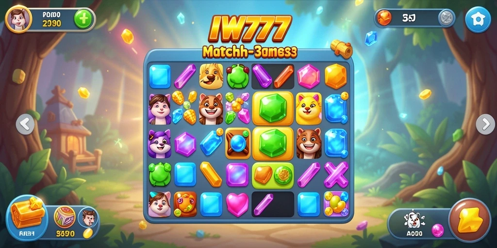 Screenshot IW777 menunjukkan gameplay Match-3 yang menarik dan penuh warna.
