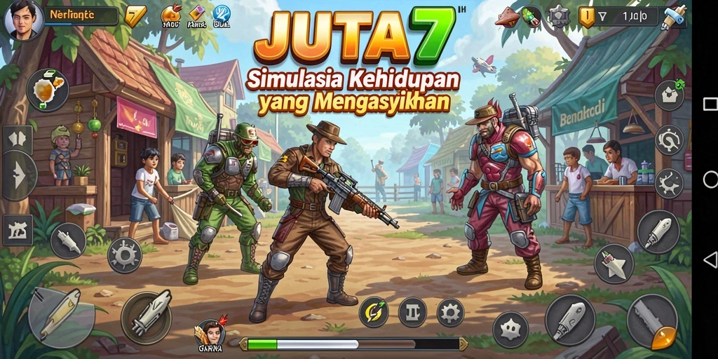 Screenshot utama <strong>JUTA7</strong> menampilkan karakter yang sedang menjelajahi dunia simulasi yang kaya.