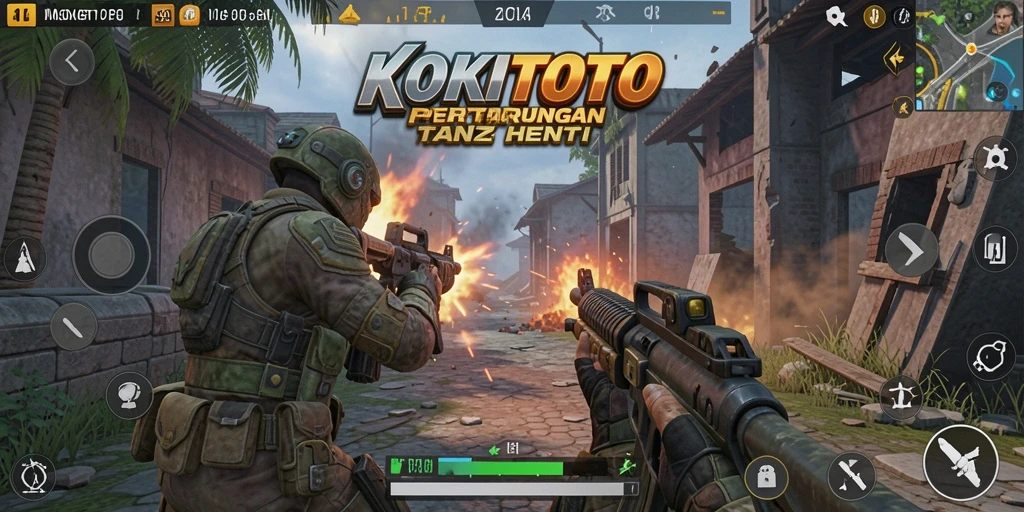 Screenshot gameplay KOKITOTO dengan aksi tembak-menembak seru.