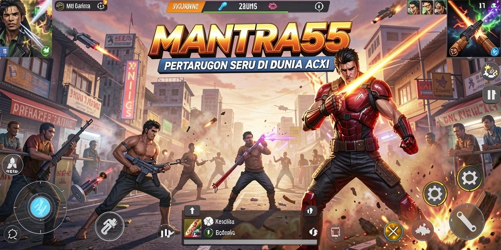 Gameplay seru di <strong>MANTRA55</strong> yang menampilkan pertarungan aksi.