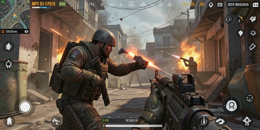 Screenshot MPO76 menunjukkan aksi pertempuran intens dalam gameplay FPS.