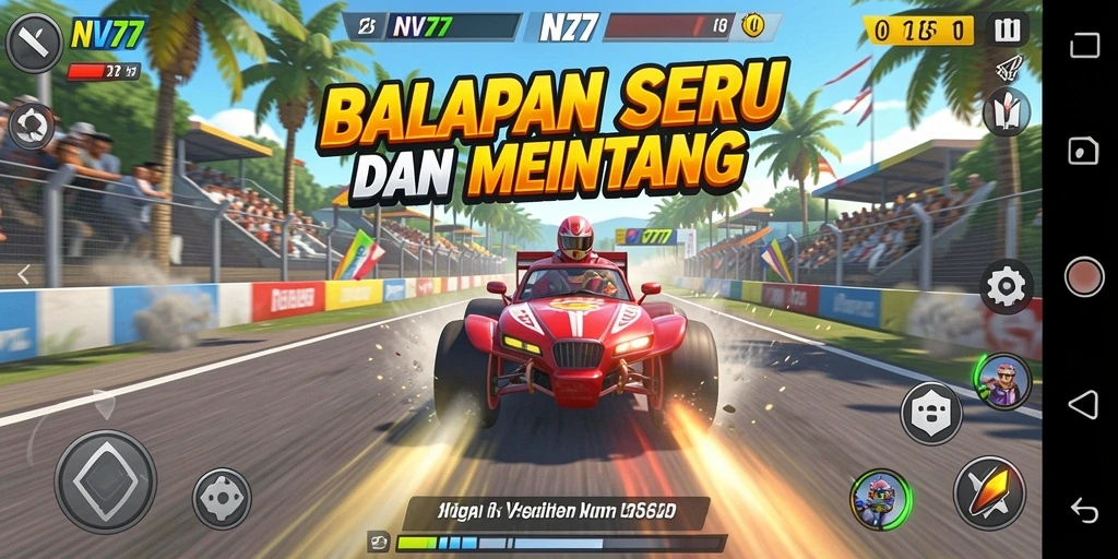 Tampilan gameplay NV77 yang mendebarkan dengan mobil balap cepat.