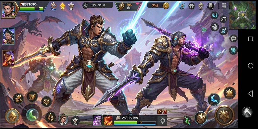 Tampilan aksi seru dalam gameplay SESETOTO MOBA.