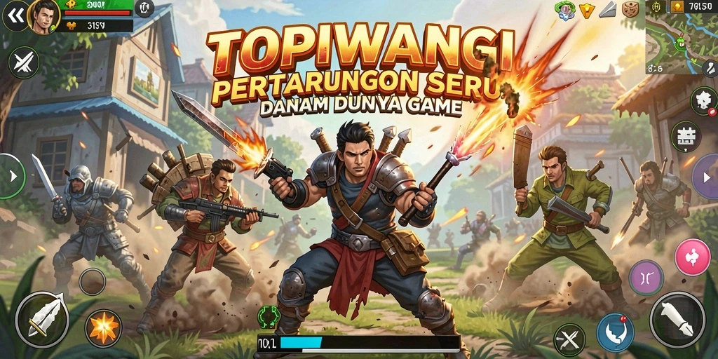 Tampilan dinamis dari gameplay seru TOPIWANGI dengan berbagai karakter bertarung.